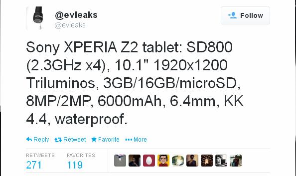 Sony Xperia Tablet Z2 Leaked Specs Tweet by @evleaks